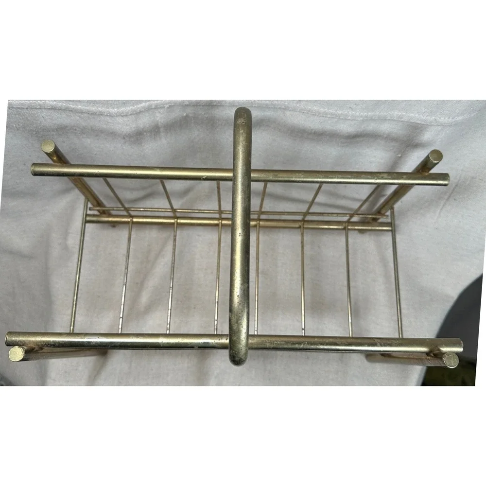 Vintage Mid Century Modern Brass Tone Wire Magazine Rack Record Holder MCM Gold